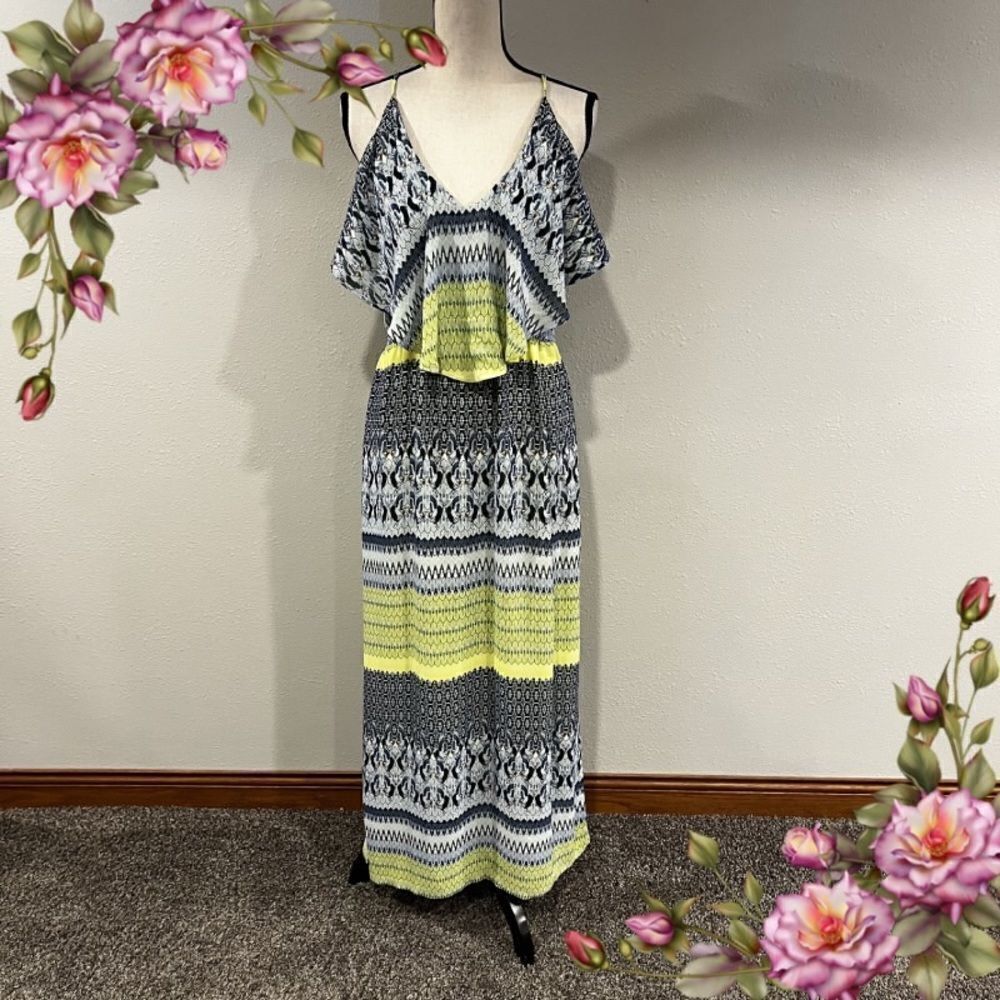 Bird and geometrical print maxi dress with straps